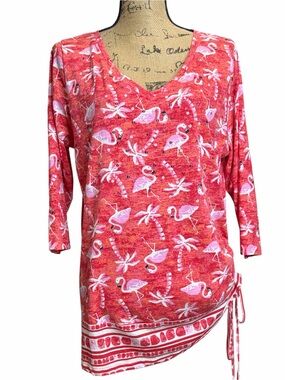 Casey Key XL Flamingo Print Top in Coral, soft Pink and White. EC. Size X-Large